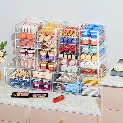 caktraie Acrylic 2-Pack 7-Drawer Makeup & Storage Organizer for Bath,Desk | Smooth-glide drawers, clear body, dustproof, wipe clean, for office supplies, pens, rings, earrings, tweezers, cotton swabs