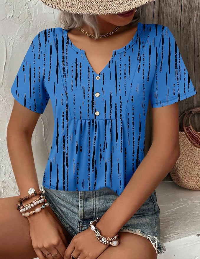 Zeagoo Womens Short Sleeve Tops Summer Henley V-Neck Tshirts Casual Pleated Blouse Dressy Loose Floral Basic Tee