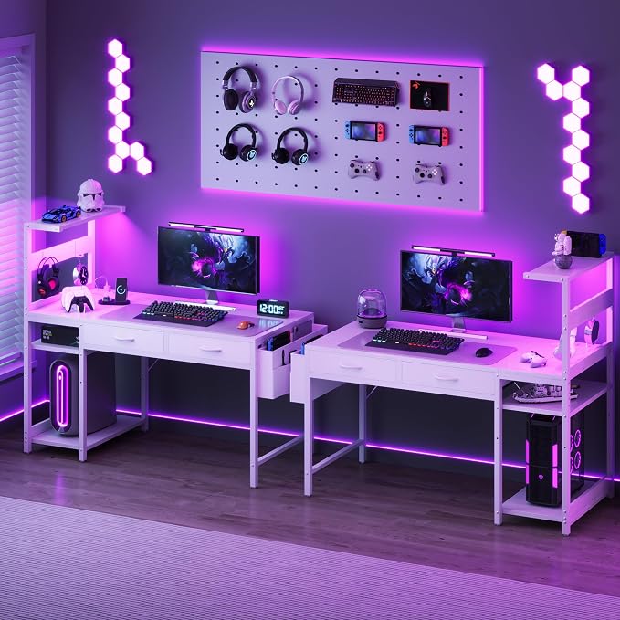 40 Inch Small Gaming Desk with Drawers & Led Lights & Storage Bag, White | Reversible Storage Shelf, Power Outlets, Wood Grain Gaming Table, Compact Computer Desk for Small Space, Bedroom, Home Office
