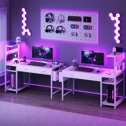 40 Inch Small Gaming Desk with Drawers & Led Lights & Storage Bag, White | Reversible Storage Shelf, Power Outlets, Wood Grain Gaming Table, Compact Computer Desk for Small Space, Bedroom, Home Office