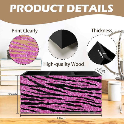 DILSJ Hot Pink Zebra Print Pen Pencil Holder Organizer for Desk, Mcbling Room Decor, Y2k Decor Mcbling Wooden Box Signs for Home Office Desk Tabletop Decoration