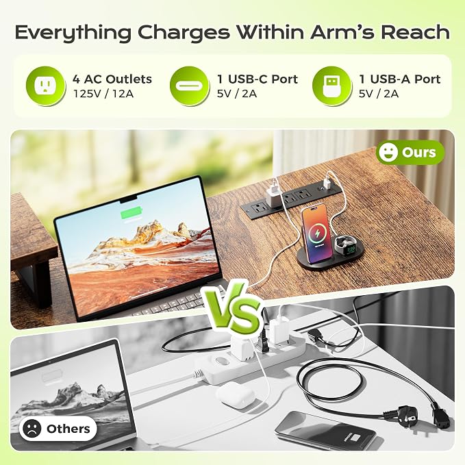 PRAISUN 61" L Shaped Computer Desk, Outlets, Monitor Stand, Rustic Brown | USB-C Ports, Reversible Charging Station, Spacious Desktop & Legroom, 0.94 Inch Thick Desktop, for Gaming, Study & Work
