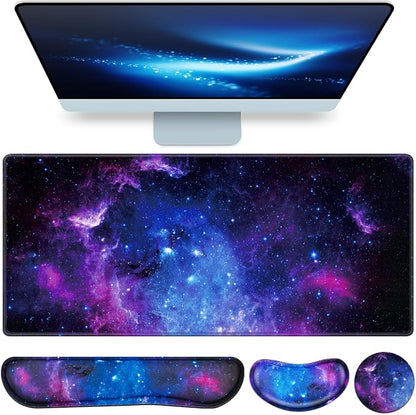 Mouse Pad Galaxy with Wrist Rest, 4-in-1 Large Mousepad+Keyboard Wrist Rest+Mouse Pad Wrist Support+Cup Pad Set,Ergonomic Mouse Pad,Anti-Slip,Memory Foam Desk Mat for Home Office Gaming(35.4×15.7in)