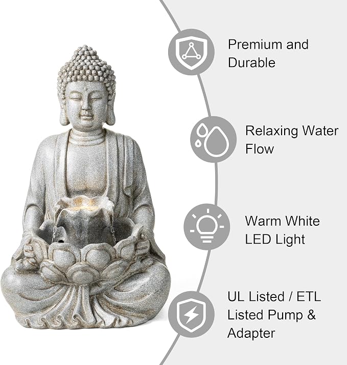Glitzhome 23.25" Zen Buddha Fountain, Outdoor Water Fountain with LED Light, Polyresin Stone Powder Concrete Finish Meditating Buddha Statue for Garden Patio Yard Deck, 4 Warm LED Lights