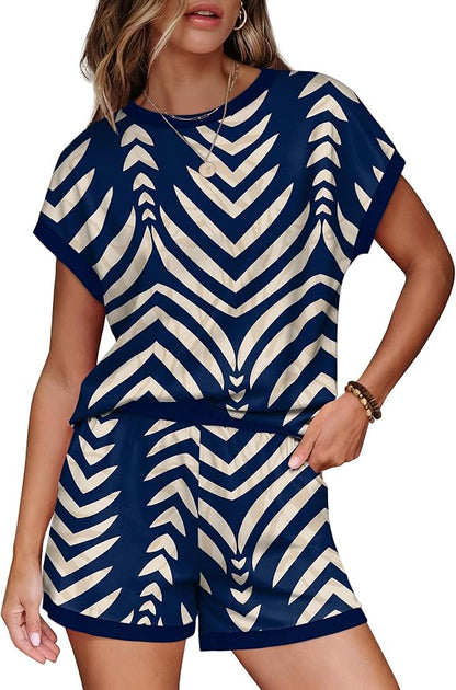 WIHOLL Two Piece Sets for Women Summer Lounge Short Sets Cap Sleeve Crew Neck Sweatsuit with Pocket XS-2XL