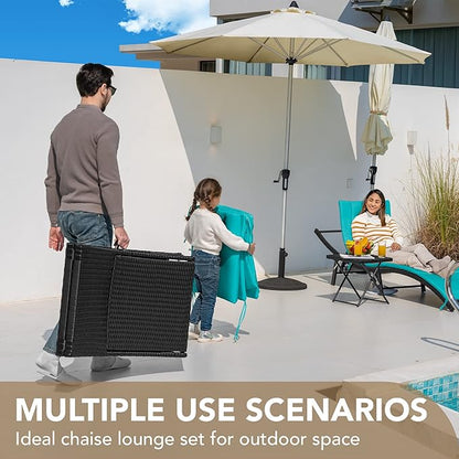 Devoko Patio Chaise Lounge Sets Outdoor Rattan Adjustable Back 3 Pieces Cushioned Patio Folding Chaise Lounge with Folding Table (Blue)