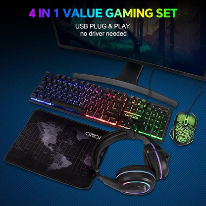 Gaming LED Keyboard Mouse Headset and Mousepad Bundle,Wired Rainbow | LED Light Up Gaming Keyboard Mouse Headset, Value 4 In 1 Game Set for Xbox PS4 PS5 PC Laptop Gamer