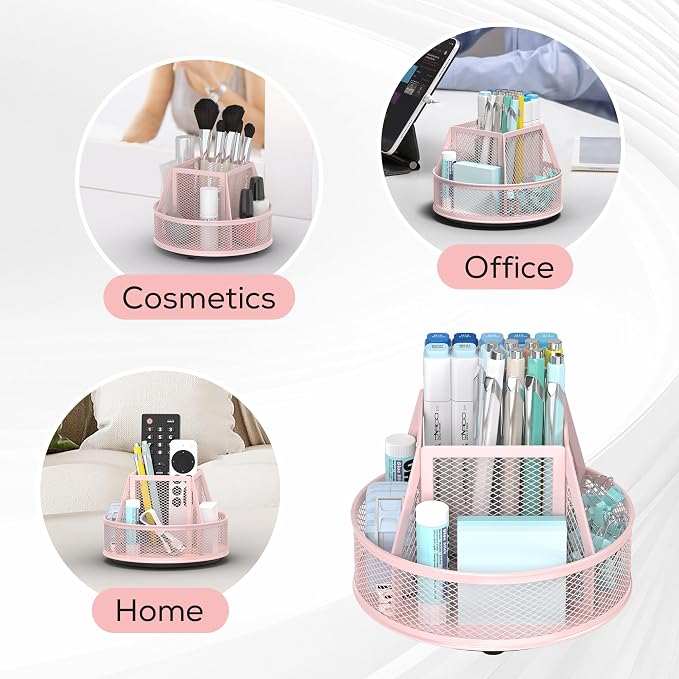 YINGHUA Metal Mesh Desk Organizer with 5 Compartments and Rotating Pencil Holder Pen and Stationery Organizer for Office Home School Anti Slip Base Pink