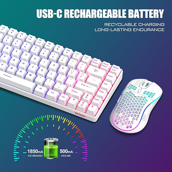 RedThunder K84 Wireless Keyboard and Mouse Combo, Rainbow Backlit Rechargeable Battery, 75% Layout TKL Ultra Compact Gaming Keyboard & Lightweight 3200 DPI Honeycomb Optical Mouse (White)