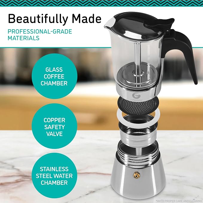 Coffee Gator 4 Cup Moka Pot, 6.7oz Stovetop Espresso Maker for Italian Coffee, Transparent Glass & Stainless Steel Design, Silver, 200ml
