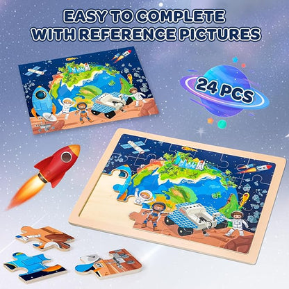 Puzzles for Kids Ages 4-6, 4 Packs 24 Pcs Wooden Jigsaw Puzzles for Toddlers Ages 2-4, Preschool Educational Map Puzzle Toys Gifts for 3 4 5 6 Boys Girls