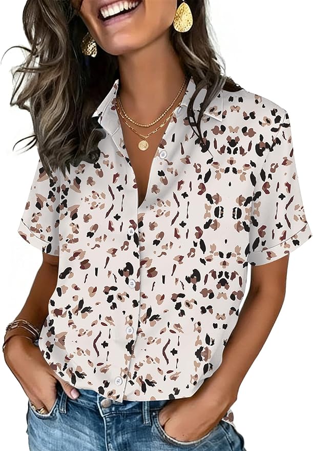 Zeagoo Button Down Shirts for Women Short Sleeve Collared Tops Dressy Casual V Neck Blouses