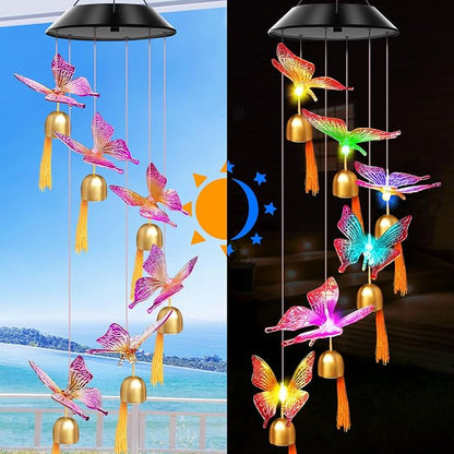 Solar Wind Chimes Outdoor Color Changing Lights, Gift for Women Mom Grandma Sister Best Gifts, Wind Chimes Unique Outdoor Garden Yard Decor (Purple Butterfly Bell)