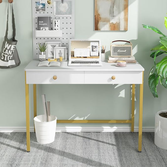 Weehom Computer Desk with Drawers, Home Office Workstation, White Gold | Sturdy and spacious workstation for writing, studying and gaming, Suitable for PC and laptop use