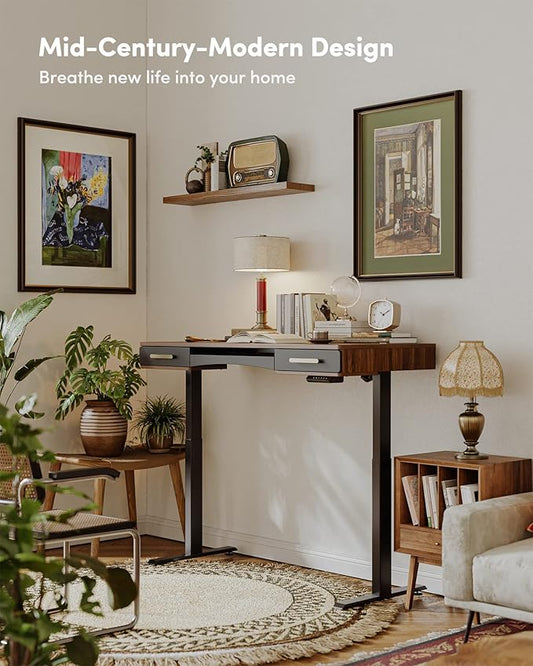 BANTI 55" x 26" Electric Standing Desk, Mid-Century Modern Desk with 3 Drawers, Stand Up Home Office Desks, Vintage Top
