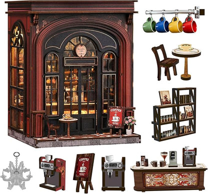 Roroom Book Nook Kit for Adults, Vintage Coffeehouse House Building Kit | 3D Wooden Puzzles with LED, Bookshelf, Desk and Bedside Room Decor, Relaxing Craft Project, Creative Gift