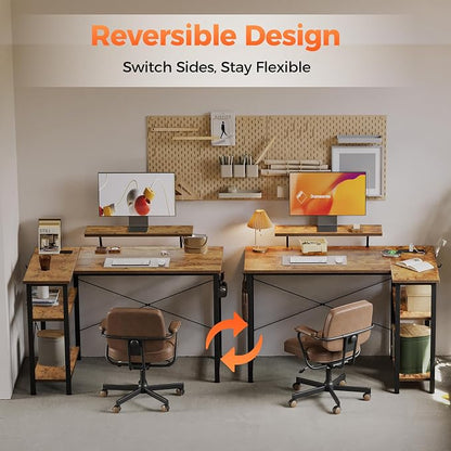 Mericonia 55 in L Shaped Gaming Desk, Large Corner Desk with Monitor Stand | Reversible Computer Desk with Power Outlets, LED Light & Storage Shelves, Office Table for Home Bedroom Study Work Writing