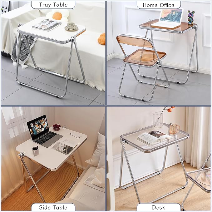 KAIHAOWIN Folding TV Tray Table- Acrylic Foldable Desk No Assembly Required Tiny Desk for Home Office Side Table Small Computer Desk for Small Spaces-Black