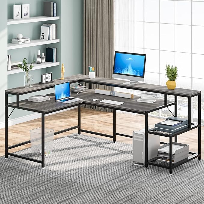 L-Shaped Desk with Monitor Shelf,Corner Computer Desk with Storage, Gray