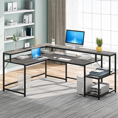 L-Shaped Desk with Monitor Shelf,Corner Computer Desk with Storage, Gray