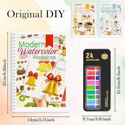 3Pcs Watercolor Workbook Paint Book Beginner Friendly Painting Kit, 36 Pages Workbooks with 24 Paint Colors & Brush for Beginners, Stress-Relieving Gift for Women Adults (Winter&Autumn&Christmas)