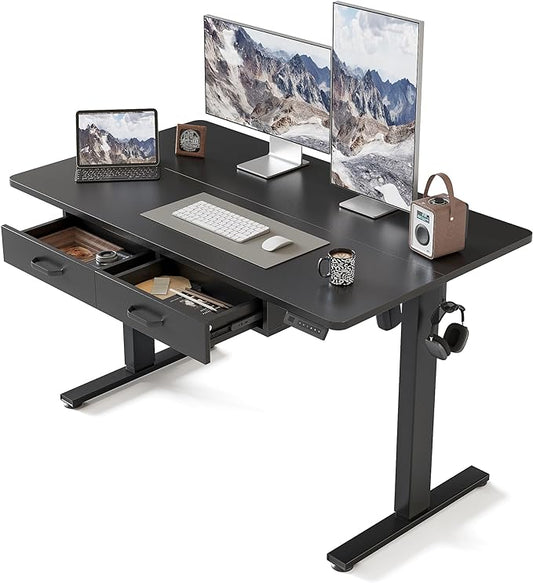 FEZIBO Adjustable Height Electric Standing Desk with Double Drawer, 48 x 24 Inches Stand Up Home Office Desk with Splice Tabletop, Black Frame/Black Top