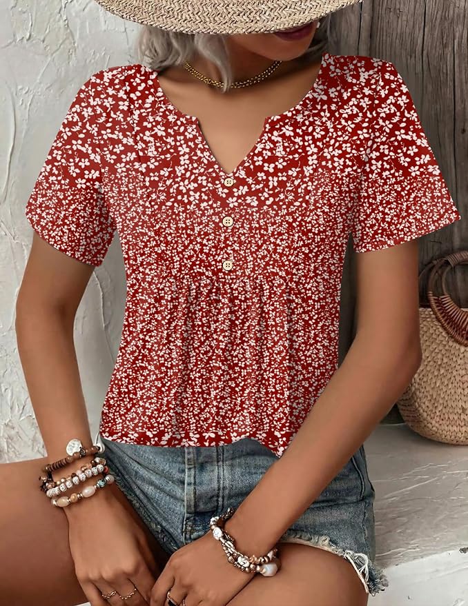 Zeagoo Womens Short Sleeve Tops Summer Henley V-Neck Tshirts Casual Pleated Blouse Dressy Loose Floral Basic Tee