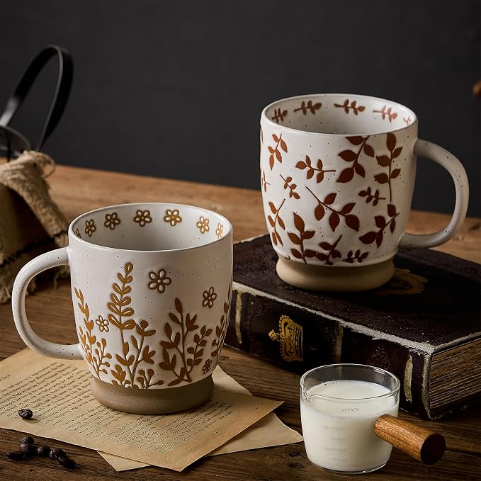 18 Oz Large Ceramic Coffee Mug Set of 2 - Rustic Handmade Floral Mugs with Handle, Microwave Safe for Latte Espresso Cappuccino Tea Cocoa Milk, Modern Unique Big Cups for Kitchen Women(Caramel Brown)