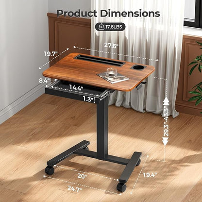 28" Mobile Standing Desk with Drawer, Portable Laptop Desk | Rolling Desk with Cup Holder and Hooks, Height Adjustable Computer Cart with Storage, Lockable & Hidden Wheels, Dark Wood