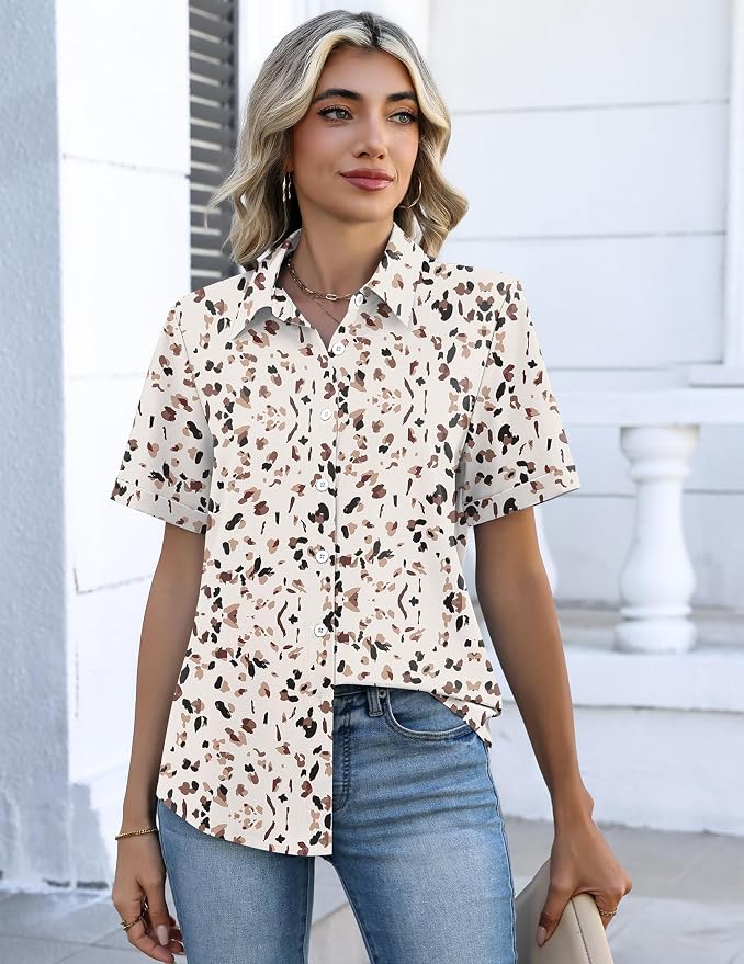 Zeagoo Button Down Shirts for Women Short Sleeve Collared Tops Dressy Casual V Neck Blouses