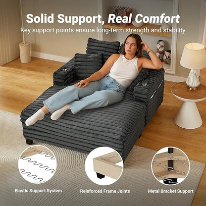 64" Chaise Lounge Chair Indoor, Oversized Sleeper Chair with Wood Frame, Upholstered Sofa Bed for Living Room, Movie Room, Bedroom with 4 Storage Pockets&2 Cup Holders(Plush Corduroy, Grey)