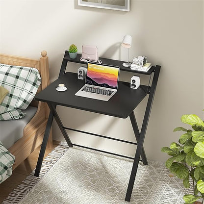 GreenForest Folding Desk No Assembly, Sturdy Computer Desk for Small Spaces | Portable Foldable Table for Laptop, 2-Tier Compact with Shelf, Space Saving for Home Office, Dorm, Apartment 24.5"x 30" Black