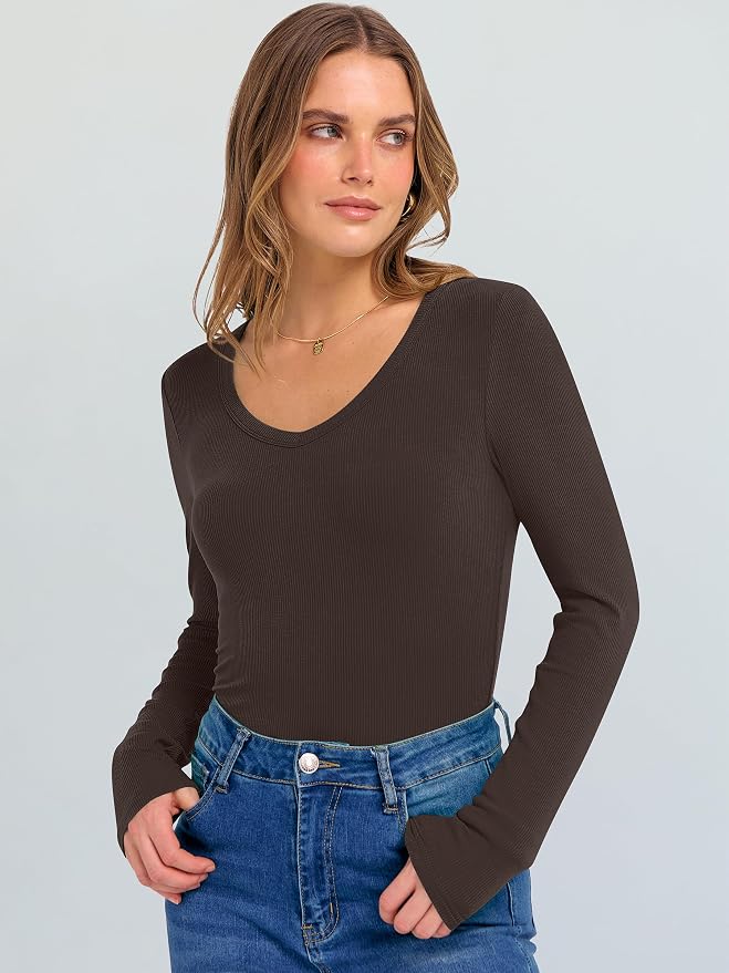 ANRABESS Long Sleeve V Neck Shirts for Women | Soft Comfy Ribbed Knit Fitted Tshirts, Casual Going Out Tops, 2026 Trendy Basic, Fall Winter Underscrub Layering Clothes