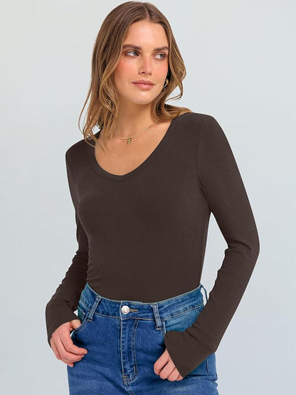 ANRABESS Long Sleeve V Neck Shirts for Women | Soft Comfy Ribbed Knit Fitted Tshirts, Casual Going Out Tops, 2026 Trendy Basic, Fall Winter Underscrub Layering Clothes