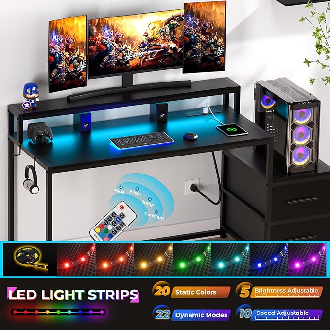 GreenForest Small Desk for Bedroom, 39.4 inch Computer Desk with 2 Drawers, Gaming Desk with LED Light and Power Outlet, Reversible Office Desk with Monitor Stand, Desk for Small Spaces, Black