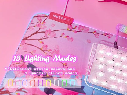JMIYAV Pink Sakura RGB Gaming Mouse Pad 31.5x12 Inch PC XL Large Extended Glowing Led Light Up Desk Pad Non-Slip Rubber Base Computer Mouse Pad Cute Mousepad Mat