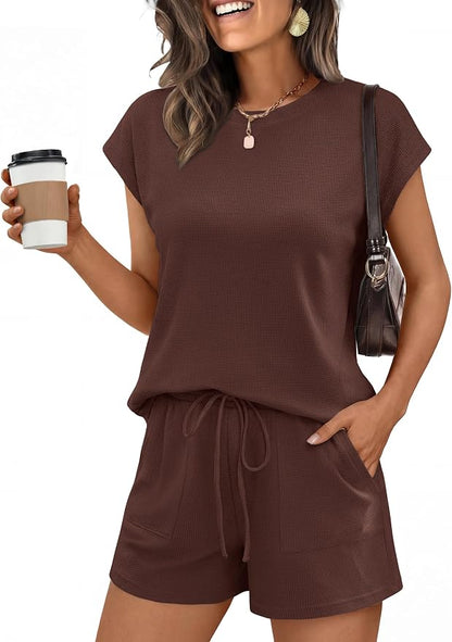 ANRABESS Womens Waffle Knit 2 Piece Short Sets Cap Sleeve Summer 2026 Matching Lounge Outfits Travel Beach Vacation Sweatsuit