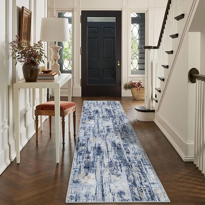 2'6''x8' Runner Rugs Washable Rug: Modern Abstract Hallway Runner Rug Indoor Soft Low Pile Thin Carpet Anti-Skid Non-Shedding Carpets for Kitchen, Entryway, Laundry, Bedroom - Blue Gold