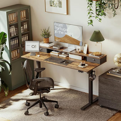 Electric Standing Desk with 2 Drawers, 48 x 24 Inches Height Adjustable Desk, 2 fabric drawers, Rustic Brown