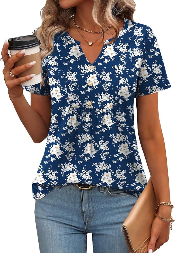 Zeagoo Womens Short Sleeve Tops Summer Henley V-Neck Tshirts Casual Pleated Blouse Dressy Loose Floral Basic Tee