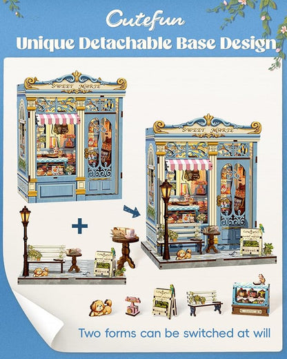 Cutefun Book Nook Kit - DIY Miniature Dollhouse Booknook Kit for Adults and Teens, 3D Wooden Puzzle Bookshelf Insert Decor with LED Light, Gifts for Book Lovers and Beginners (Sweet Marie)