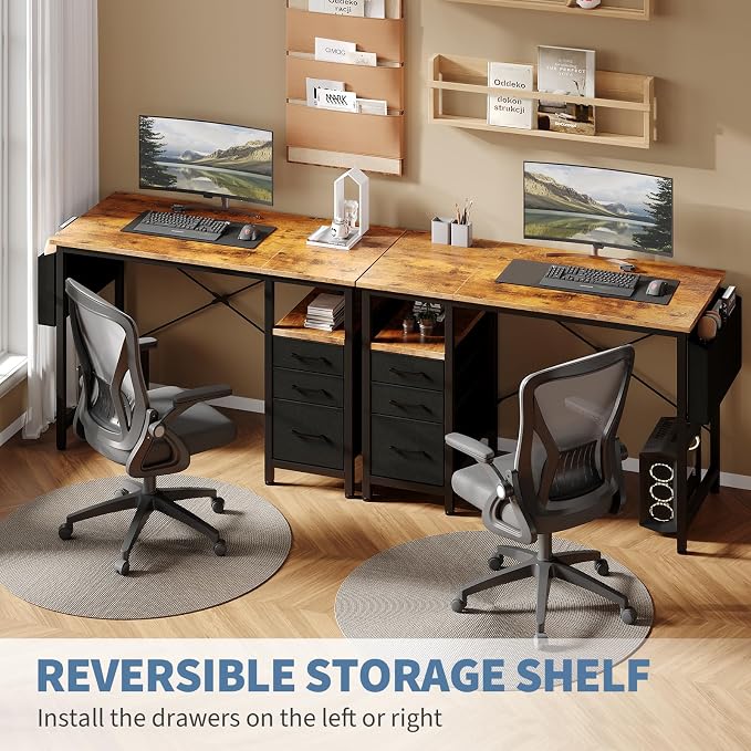 DUMOS 39 Inch Small Computer Desk with Storage, Fabric Drawers | Writing Table, Side Pocket, Space Saving Workstation, Home Office, Gaming Setup, Dorm Apartment, Rustic Brown