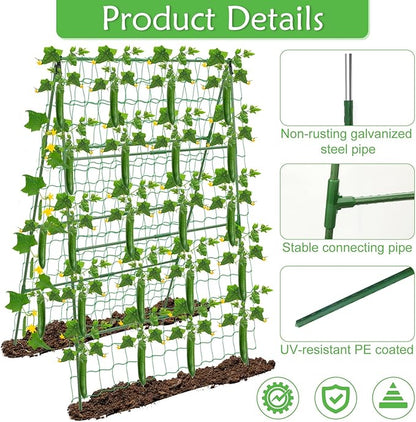 32 x 53 Inch Cucumber Trellis for Climbing Plants Outdoor A-Frame Garden Trellis for Raised Bed Detachable Sturdy Garden Plant Support Trellis for Small Plant Vegetable Flower Grape with Climbing Net