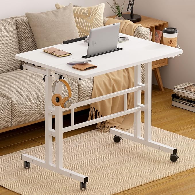 SDHYL 31.5 inches Movable Laptop Desk with Mouse Board Adjustable Height and Angle Anti-Slip Workstation Home Office Desk with Tablet Slot Portable Student Desk, White with Hook