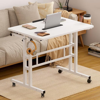SDHYL 31.5 inches Movable Laptop Desk with Mouse Board Adjustable Height and Angle Anti-Slip Workstation Home Office Desk with Tablet Slot Portable Student Desk, White with Hook