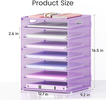 Lavatino 8-Tier Office Desk File Organizer, Letter Tray Paper Organizer with Handle, Including 5 Adjustable Slide Trays for Organizing Desktop Workspace Accessories and Supplies (Purple Metal Mesh)