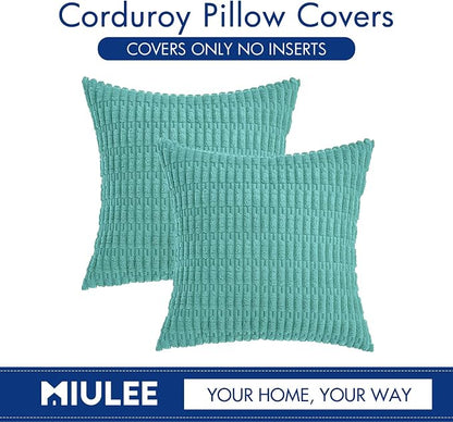 MIULEE Pack of 2 Corduroy Decorative Throw Pillow Covers 20x20 Inch Soft Boho Striped Pillow Covers Modern Farmhouse Home Decor for Summer Sofa Living Room Couch Bed Aqua Green