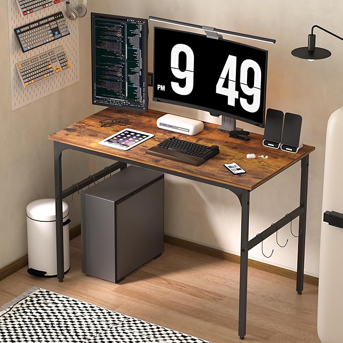 VECELO 44 Inch Computer Stable Writing Study Work 6 Hooks Adjustable Feet Wooden Desk for Home,Bedroom,Rusic Brown, 44Inches