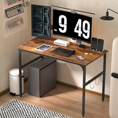 VECELO 44 Inch Computer Stable Writing Study Work 6 Hooks Adjustable Feet Wooden Desk for Home,Bedroom,Rusic Brown, 44Inches