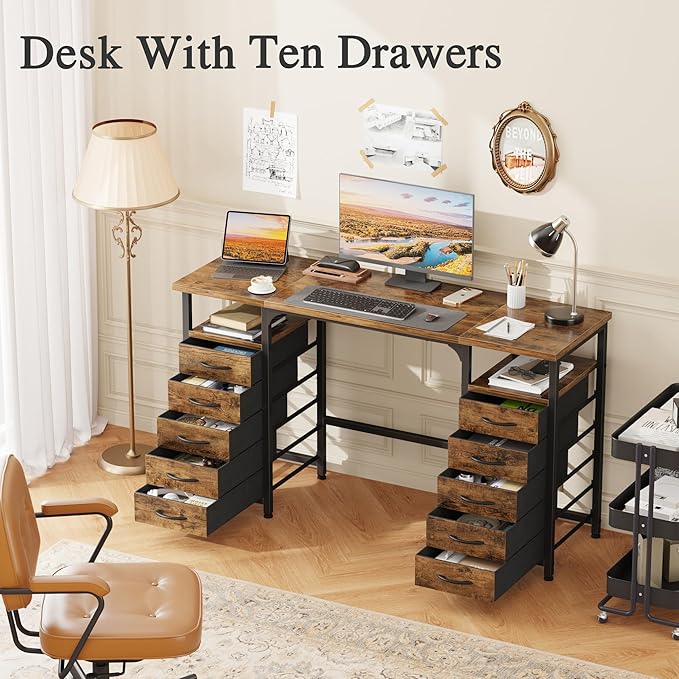 Desk with 10 Fabric Drawers Classified Organizer - 55"/140 Office Desks with Ample Storage, Computer Work Desk Study Writing Table Workstation for Home Office Space Brown